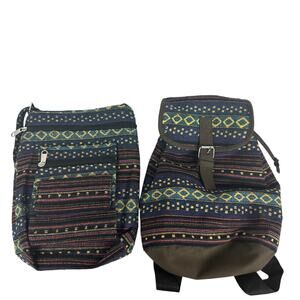 NWOT Womens Tribal Ethnic Travel Crossbody Backpack Blue/Brown 2 Piece Set